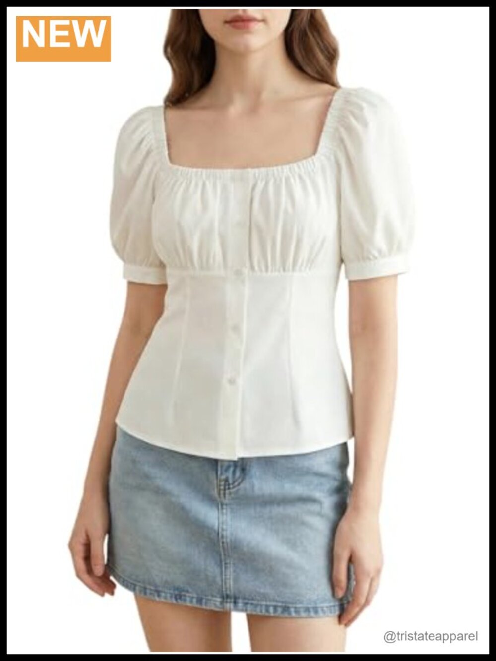 Women's Square Neck Button Down Puff Sleeve Cinched Waist Blouse Top